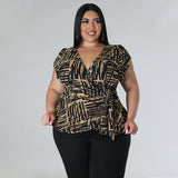Women Clothing Spring Summer Print Top V neck Trousers Casual Two Piece Suit