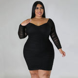 Plus Size Autumn Women Dress Wrapped Chest Stitching Mesh Sleeves Night Club Sexy Sheath