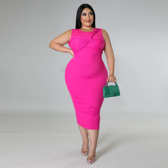 Women Clothing High Elastic Sunken Stripe plus Size Dress Sleeveless round Neck Back Zipper