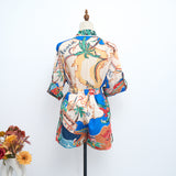 Women Two Piece Single Breasted Loose Cotton Top Wide Leg Lace Up Pocket Shorts Sets