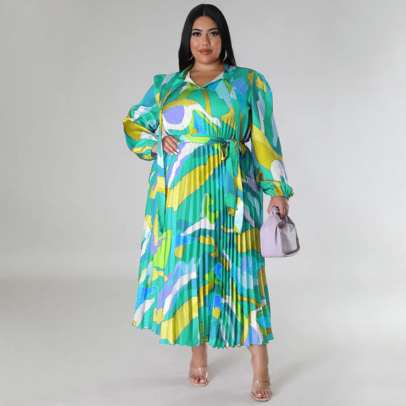 Plus Size Women Clothing Color Lace up Long Sleeve Printed Pleated Dress for Women