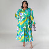 Plus Size Women Clothing Color Lace up Long Sleeve Printed Pleated Dress for Women