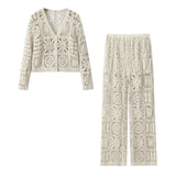 Spring V neck Long Sleeve Top Wide Leg Trousers Idle Three Dimensional Hollow Out Cutout Crochet Suit for Women