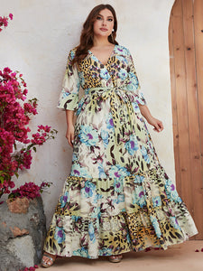 Plus Size Middle East High Pin Oversized Women Summer Chiffon Printed Mid Sleeve Long Holiday Dress