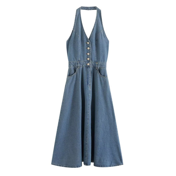 Retro Halter Backless Long Denim Dress Chic