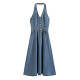 Retro Halter Backless Long Denim Dress Chic