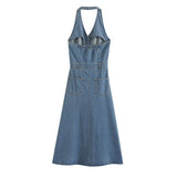 Retro Halter Backless Long Denim Dress Chic
