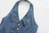 Retro Halter Backless Long Denim Dress Chic