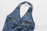 Retro Halter Backless Long Denim Dress Chic
