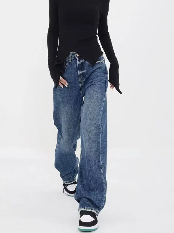 Spring Women Clothing Casual Straight Leg Retro Blue High Waist Wide Leg Pants Mop Pants