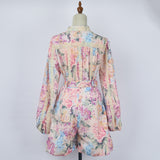 Women Spring And Autumn Print Two Piece Single Breasted Shirt Shorts With Belt Short Sets