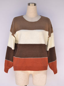 Spring Sweater Color Blocking Round Neck Mid Length Loose Knitted Sweater
