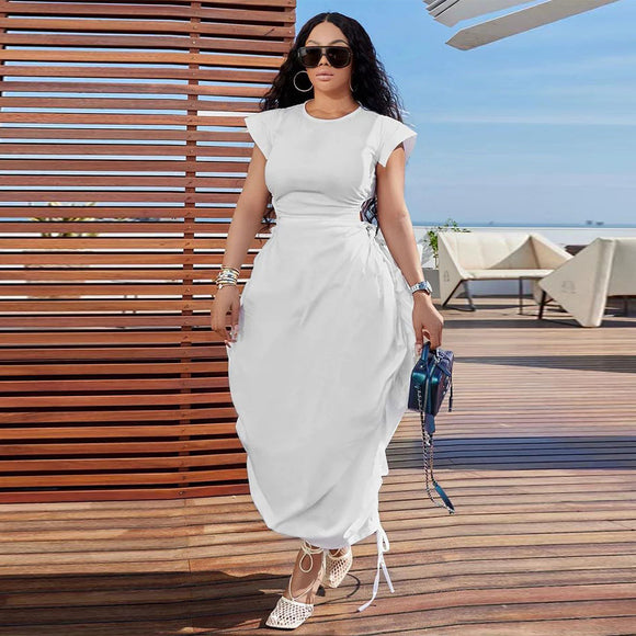 Summer Women Clothing Round Neck Waist Trimming Bud Dress Solid Color Dress