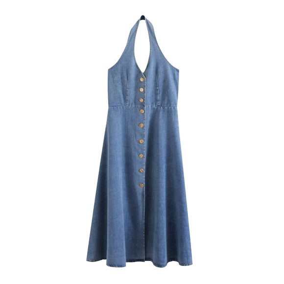 Retro Halter Backless Long Denim Dress
