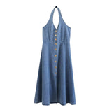 Retro Halter Backless Long Denim Dress
