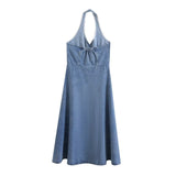 Retro Halter Backless Long Denim Dress