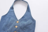 Retro Halter Backless Long Denim Dress