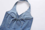 Retro Halter Backless Long Denim Dress