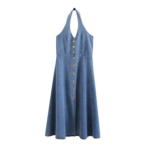Retro Halter Backless Long Denim Dress