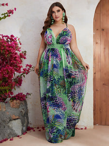 Plus Size Chiffon Spaghetti Straps Sleeveless Maxi Dress Summer Printed V neck Vacation Dress