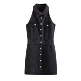 Women Clothing Polo Collar Sleeveless Shirt Loose Casual Denim Dress