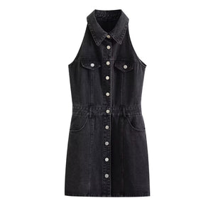 Women Clothing Polo Collar Sleeveless Shirt Loose Casual Denim Dress