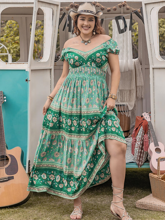 Plus Size Vacation Casual off Shoulder Women Clothing Printing Slip Dress