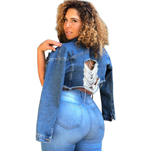 Plus Size Hand Frayed Washed Denim Casual Street  Coat Denim Jacket Women Clothing