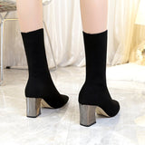 Fleece Breathable Ankle Boots Women Pointed Chunky Heel Knitted Stretch Boots
