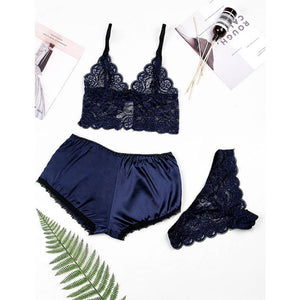 Plus Size Sexy Home Underwear Sexy Thin Lace Bra Panties Three-Piece Suit Shorts
