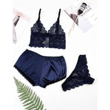 Plus Size Sexy Home Underwear Sexy Thin Lace Bra Panties Three-Piece Suit Shorts