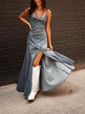 Ladies Summer Vintage Cotton Denim Washed Distressed Strap Slim Fit Buckle Large Swing Dress