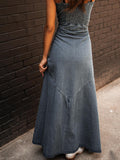 Ladies Summer Vintage Cotton Denim Washed Distressed Strap Slim Fit Buckle Large Swing Dress
