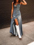 Ladies Summer Vintage Cotton Denim Washed Distressed Strap Slim Fit Buckle Large Swing Dress