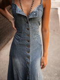 Ladies Summer Vintage Cotton Denim Washed Distressed Strap Slim Fit Buckle Large Swing Dress