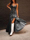 Ladies Summer Vintage Cotton Denim Washed Distressed Strap Slim Fit Buckle Large Swing Dress
