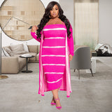 Plus Size Women Clothing Sexy Stripes Printed High Elastic Sunken Stripe Slip Dress Set