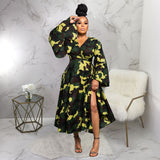 Plus Size African Women Wear Autumn Strap Asymmetric Wide Hem Long Sleeve Dress