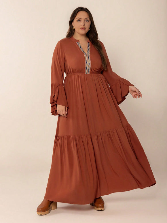 Plus Size Loose Ribbon V neck Long Sleeve Dress