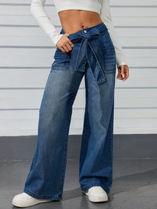 Dark Blue Wide Leg Jeans Women Street Casual Lace up High Waist Mopping Pants