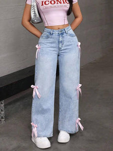 Street Sexy Bowknot Washed Jeans Loose Straight Leg Wide Leg Pants Jeans