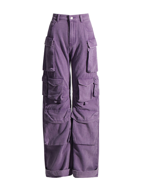 Trendy Spring High Waist Long Profile Multi Pocket Solid Color Women Overalls Casual Jeans
