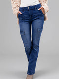 Ladies Double Buckle Waist Stitching Multi Pocket Side Sticker Bag Overalls Denim Stretch Trousers