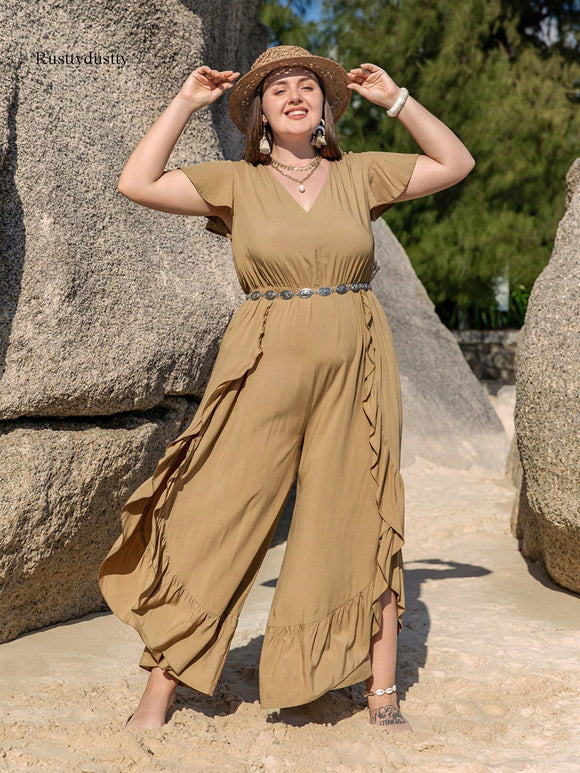 Plus Size Summer Brown Waist Short Sleeve Beach Jumpsuit Fish Mouth Pants No belt