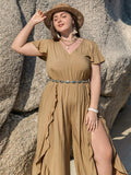Plus Size Summer Brown Waist Short Sleeve Beach Jumpsuit Fish Mouth Pants No belt