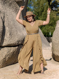 Plus Size Summer Brown Waist Short Sleeve Beach Jumpsuit Fish Mouth Pants No belt