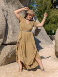 Plus Size Summer Brown Waist Short Sleeve Beach Jumpsuit Fish Mouth Pants No belt