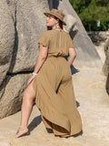 Plus Size Summer Brown Waist Short Sleeve Beach Jumpsuit Fish Mouth Pants No belt