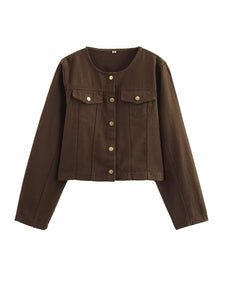Washed Denim Brown round Neck Long Sleeve Tooling Short Jacket Loose High Waist Jeans Casual Set Women