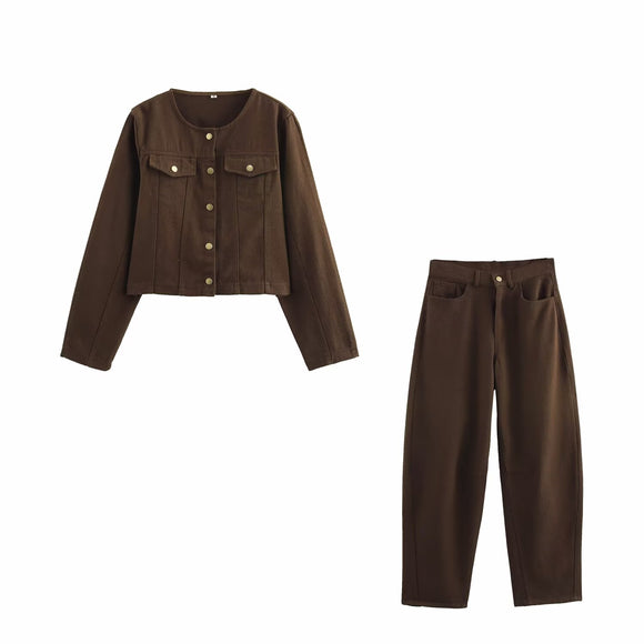 Washed Denim Brown round Neck Long Sleeve Tooling Short Jacket Loose High Waist Jeans Casual Set Women